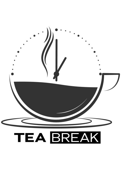 Cup of hot tea with a clock and the inscription Tea Break. Simple icon isolated on a white background